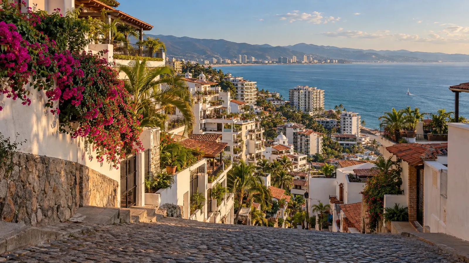 A sloping cobblestone street in Amapas, with bougainvillea and the bay beyond