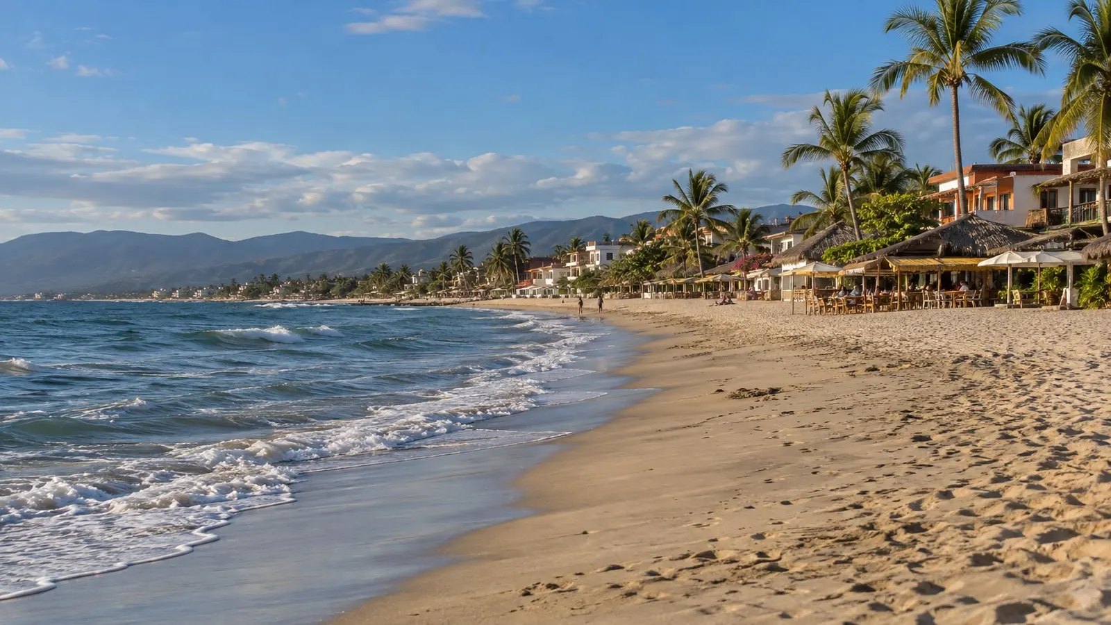 The beach at Bucerías, with palapas and umbrellas along the sand