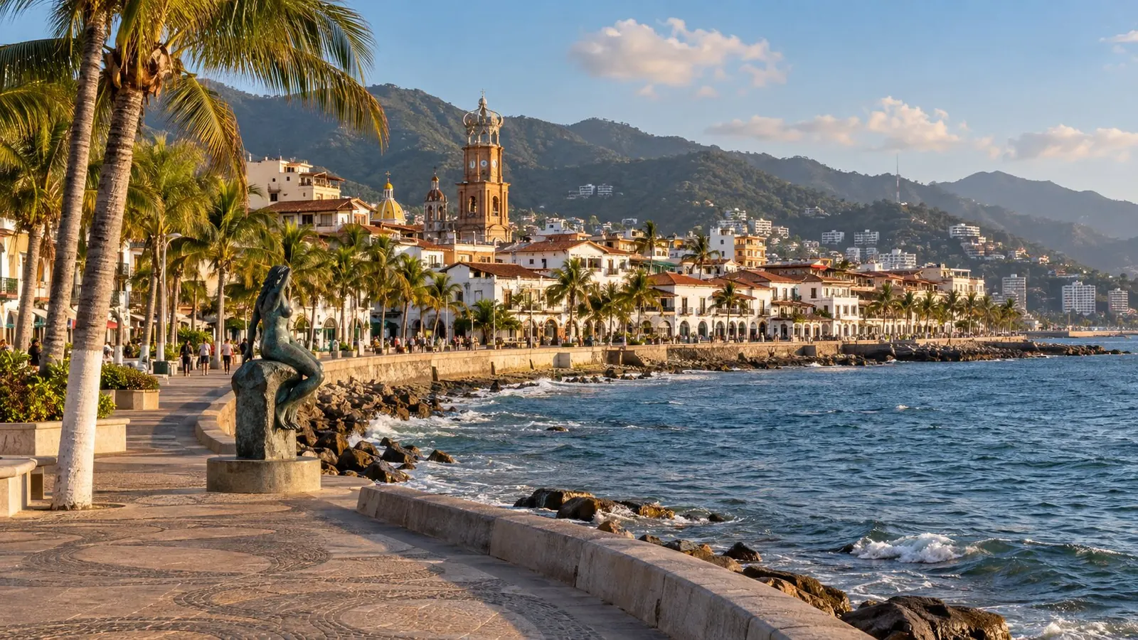The Malecón in Puerto Vallarta, with the beach, the bay, and the parish beyond