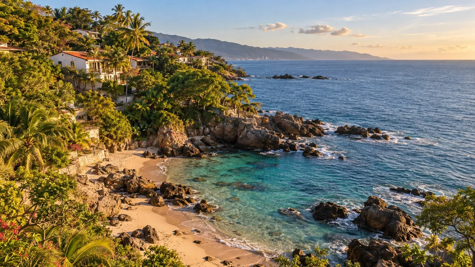 A cove at Conchas Chinas, with rocks, turquoise water, and the hills