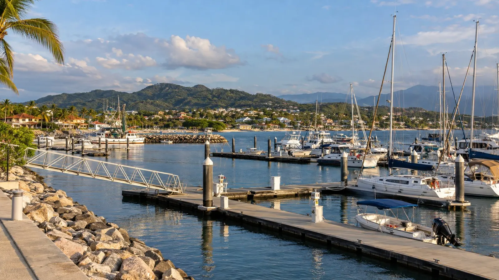 The marina at La Cruz de Huanacaxtle, with boats and the hills beyond
