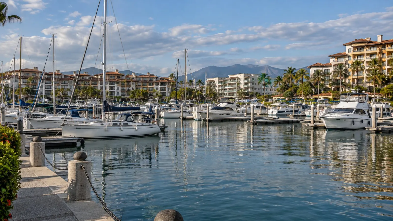 The marina at Marina Vallarta, with boats, palms, and buildings around the docks