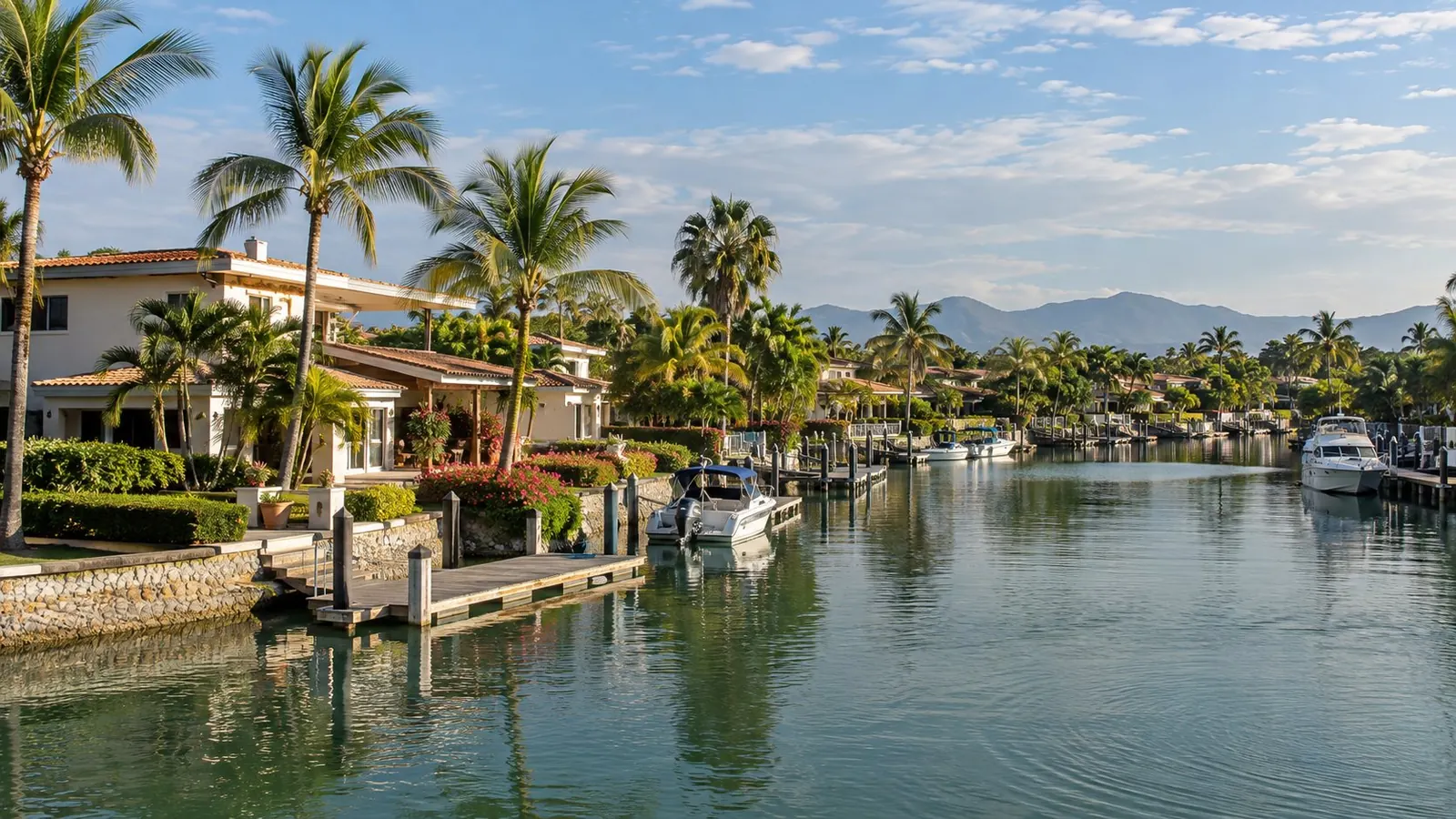 The beach at Nuevo Vallarta, with palapas on the sand and buildings beyond