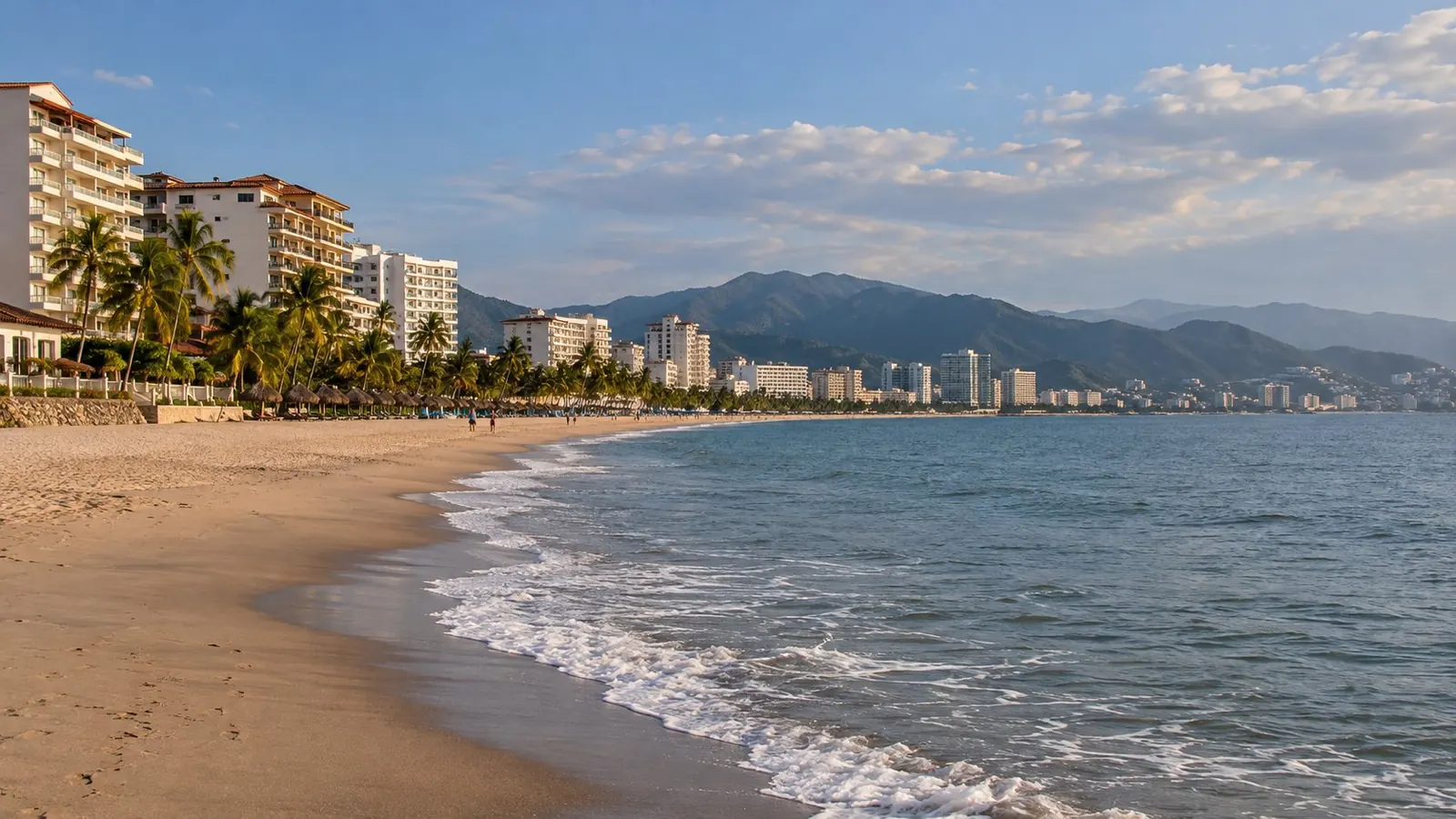 The beach in the hotel zone, with hotels and buildings on the sand and the hills behind