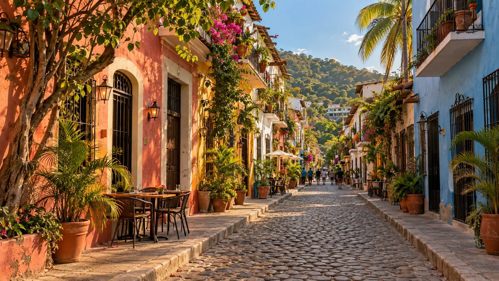 A cobblestone street in the Zona Romántica, with colored facades and palms