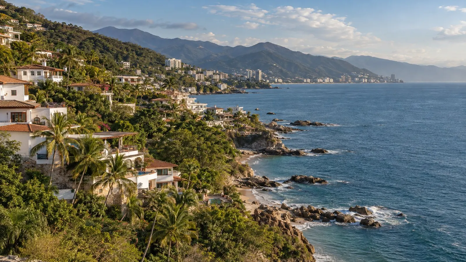 The south shore of Puerto Vallarta, with the beach, a pier, and the hills across the bay