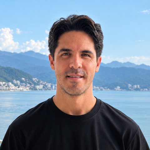 Rene Garcia, Puerto Vallarta real estate advisor, with Banderas Bay behind him