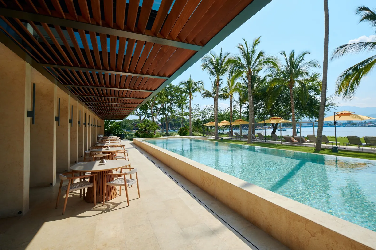 Lounge chairs by the pool, with palms and the sea