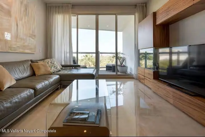 Living room with golf course view