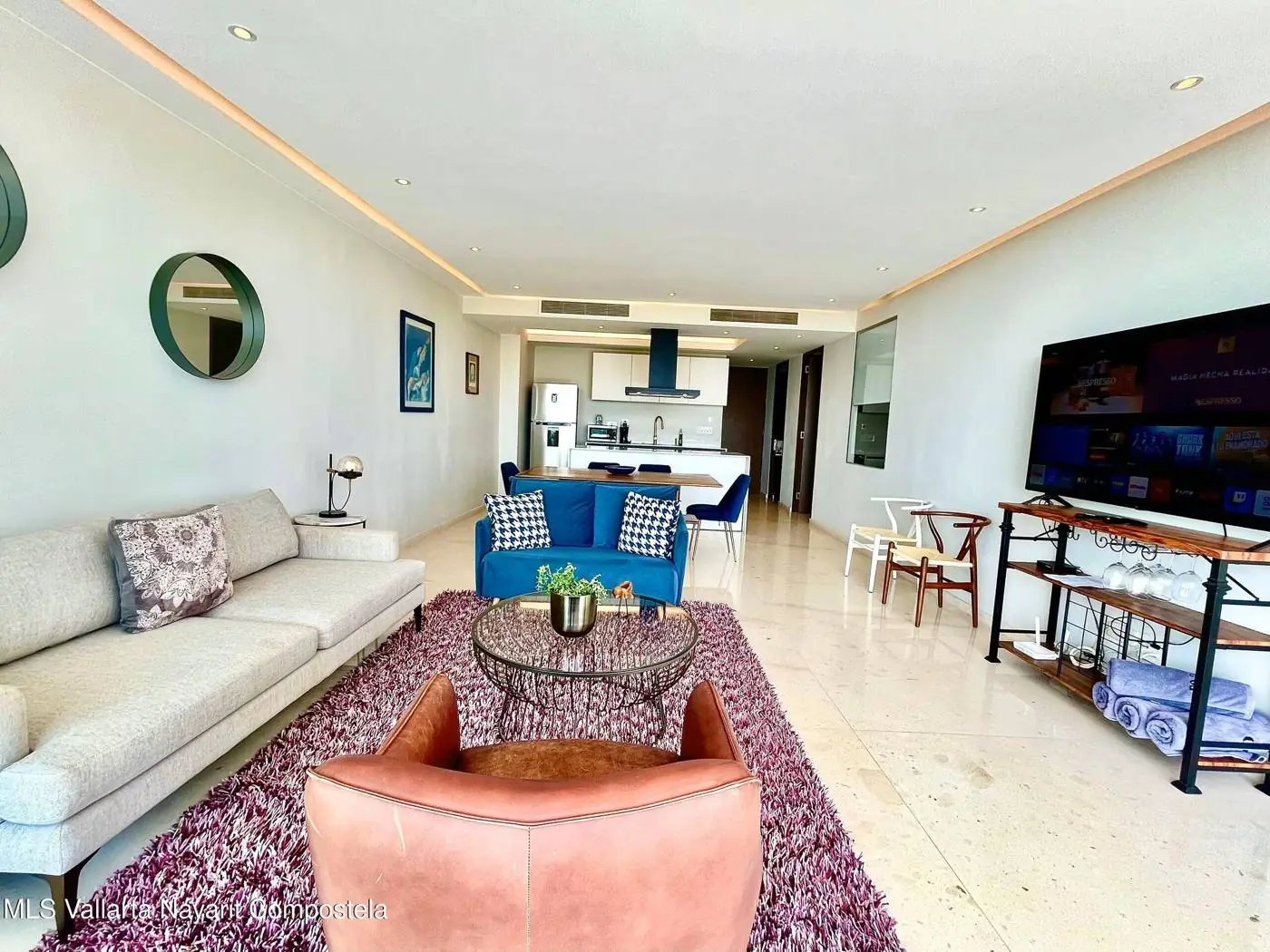 Living and dining area with view