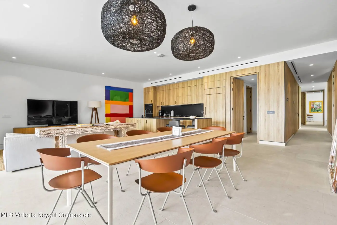 Living and dining area of a design apartment in Punta de Mita