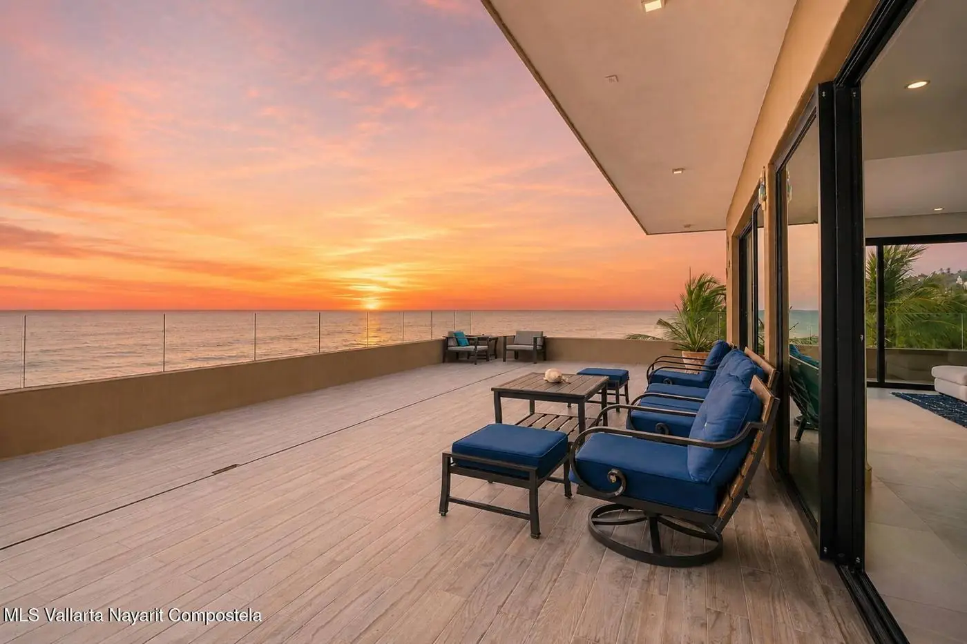 Oceanfront terrace at sunset in San Pancho