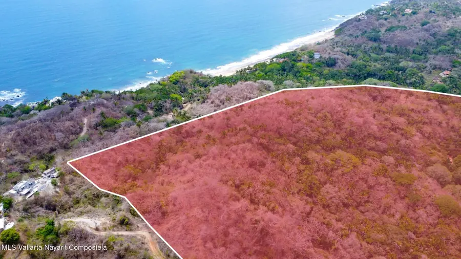 Aerial view of a beach and a palm-covered headland, included with the listing for the lot south of Sayulita. Not a ground-level photo of the land.